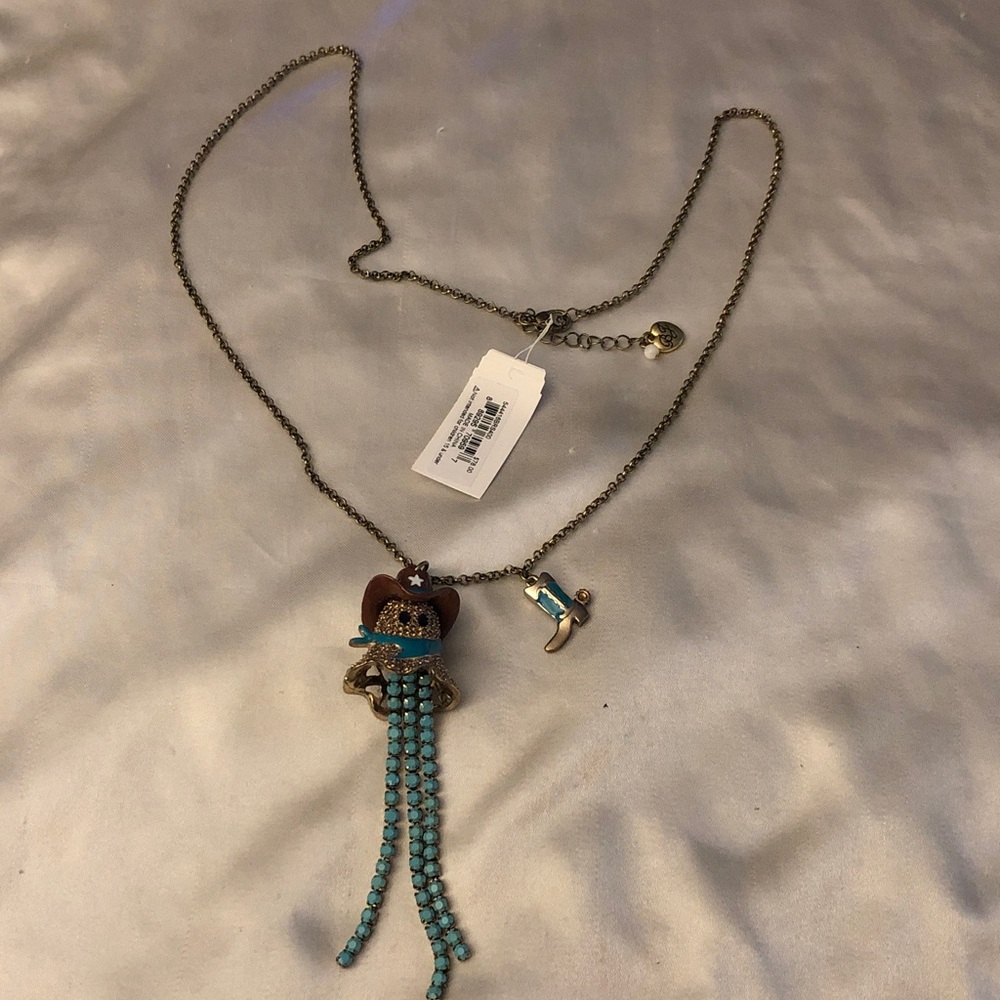 Betsey Johnson Burnished Gold Tone Cowboy Ghost With Fringe Pendant Necklace NWT